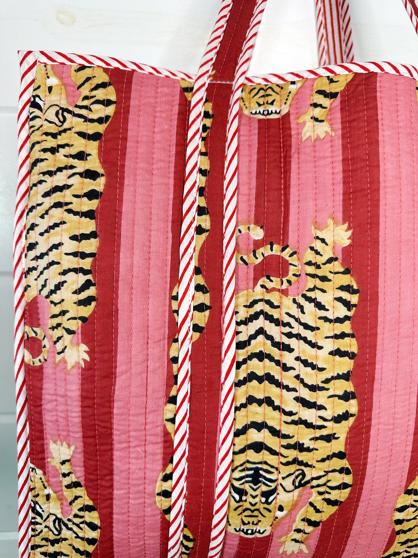 Tiger Print with Cranberry and Blush Stripes Quilted Cotton Reversible Large Tote Bag