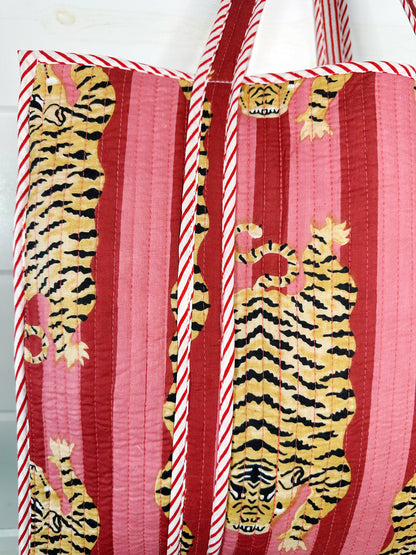 Tiger Print with Cranberry and Blush Stripes Quilted Cotton Reversible Large Tote Bag
