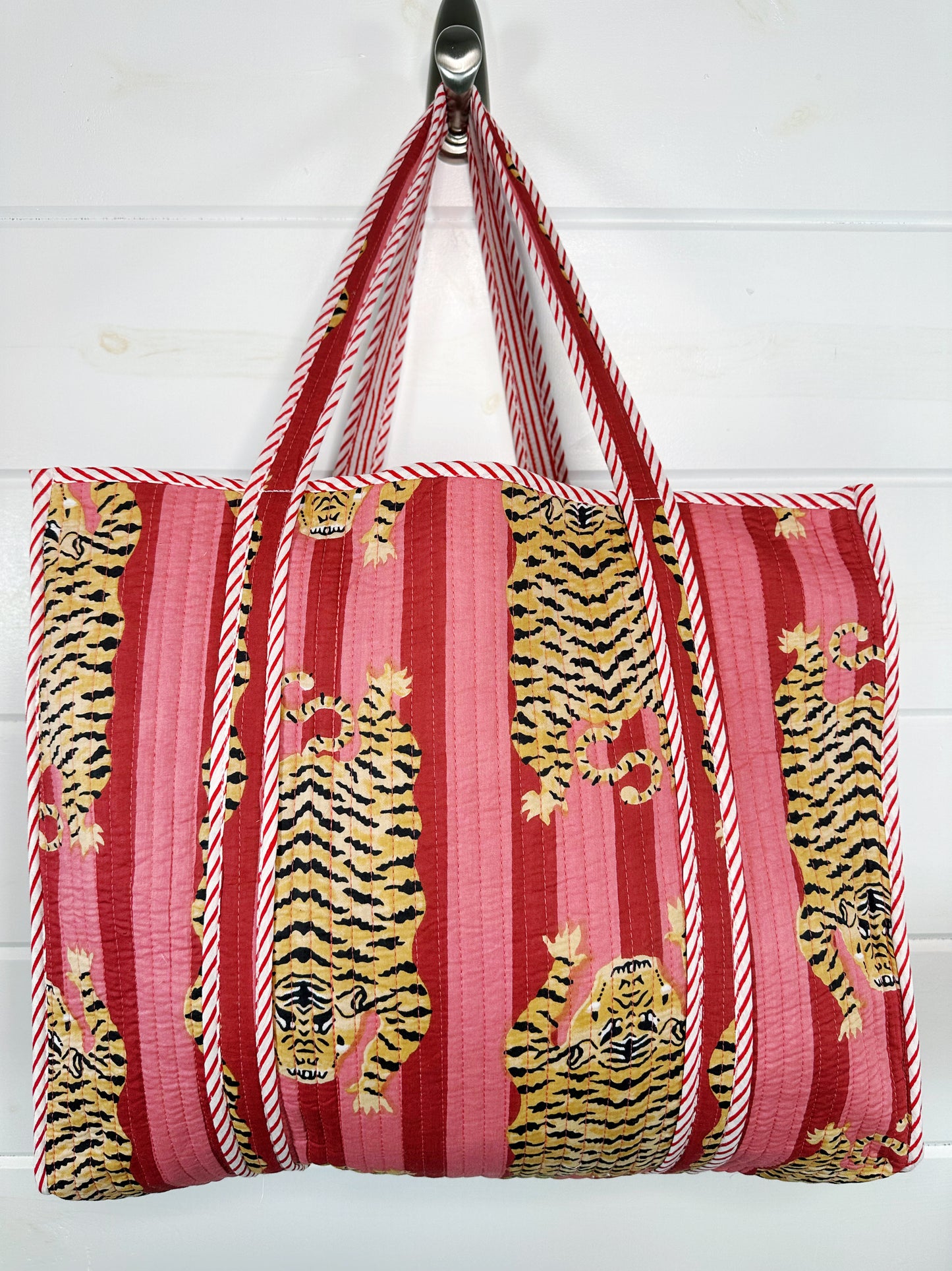 Tiger Print with Cranberry and Blush Stripes Quilted Cotton Reversible Large Tote Bag