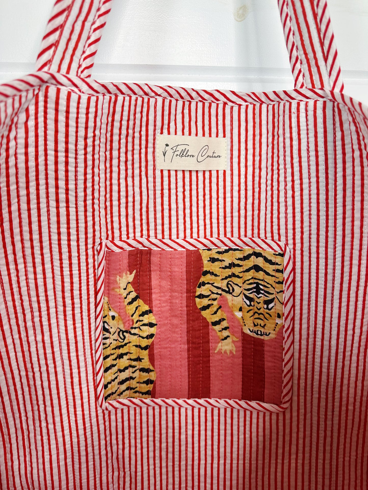 Tiger Print with Cranberry and Blush Stripes Quilted Cotton Reversible Large Tote Bag