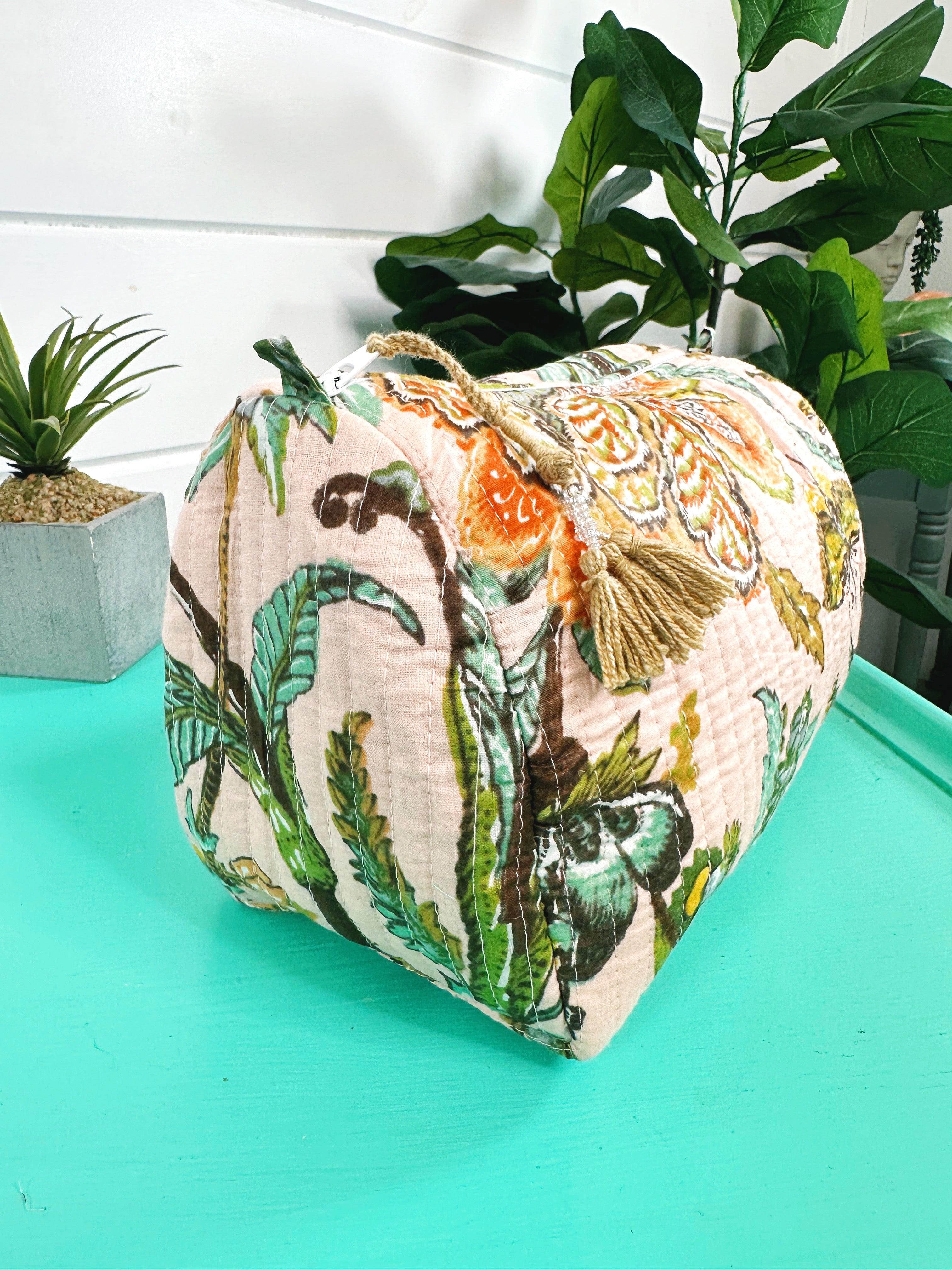 Quilted Cosmetics Toiletry Bag - Light Peach Botanical Print