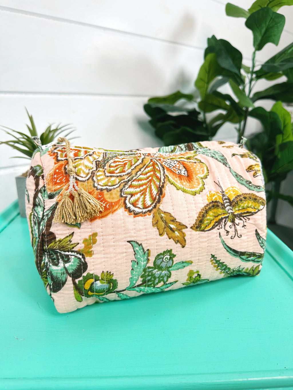 Quilted Cosmetics Toiletry Bag - Light Peach Botanical Print