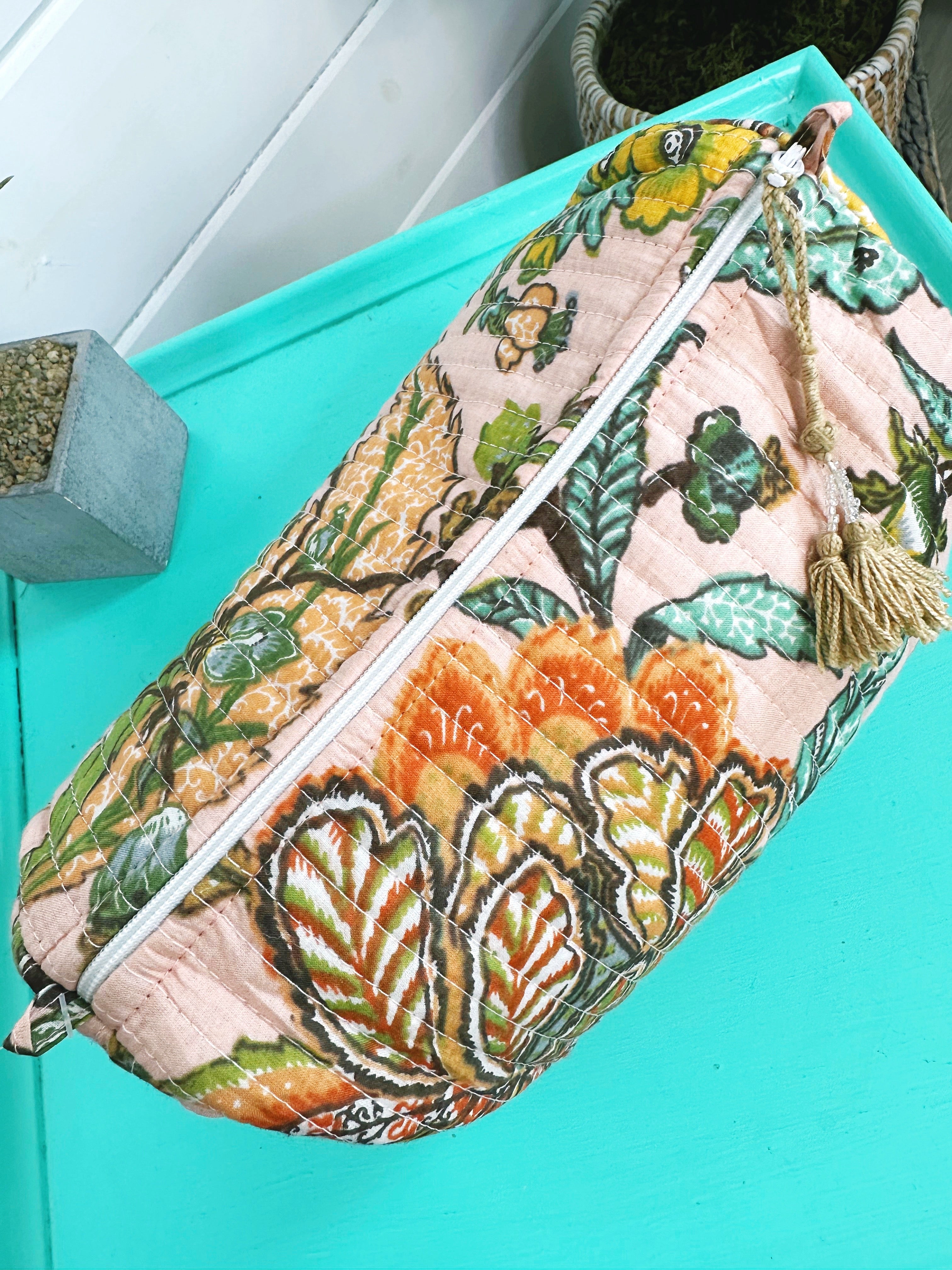 Quilted Cosmetics Toiletry Bag - Light Peach Botanical Print