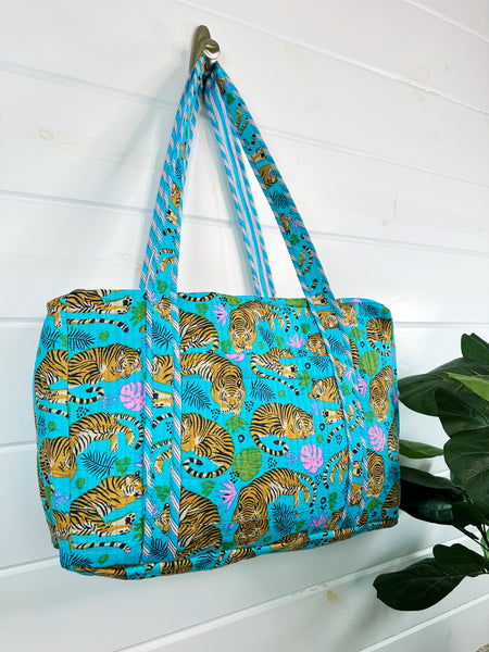 Turquoise Tiger Print Quilted Weekender Overnight Bag