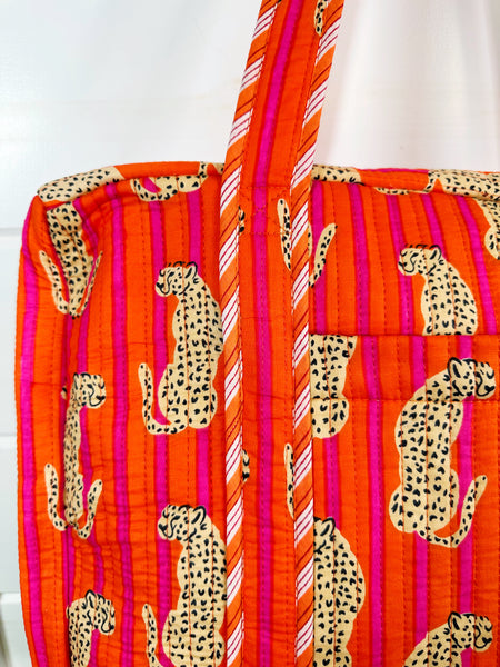 Jaguar Print Orange Pink Stripes Quilted Weekender Overnight Bag