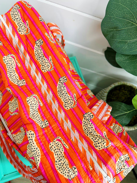 Jaguar Print Orange Pink Stripes Quilted Weekender Overnight Bag