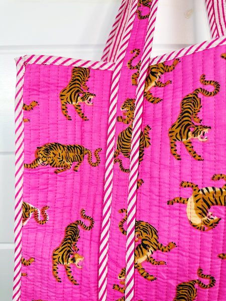 Bright Pink Tiger Print Quilted Cotton Tote Bag