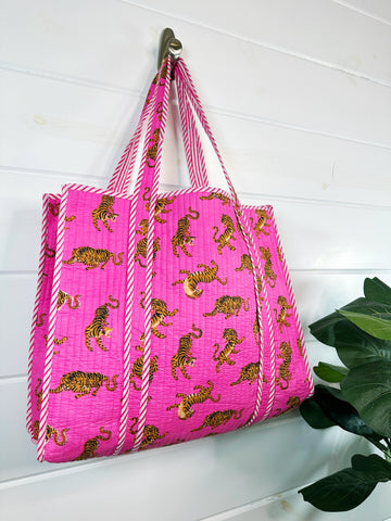 Bright Pink Tiger Print Quilted Cotton Tote Bag