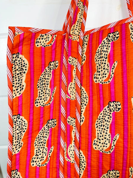 Jaguars Orange Pink Stripes Printed Quilted Cotton Tote Bag