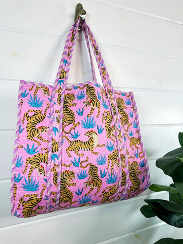 Light Pink Tiger Print Quilted Cotton Tote Bag