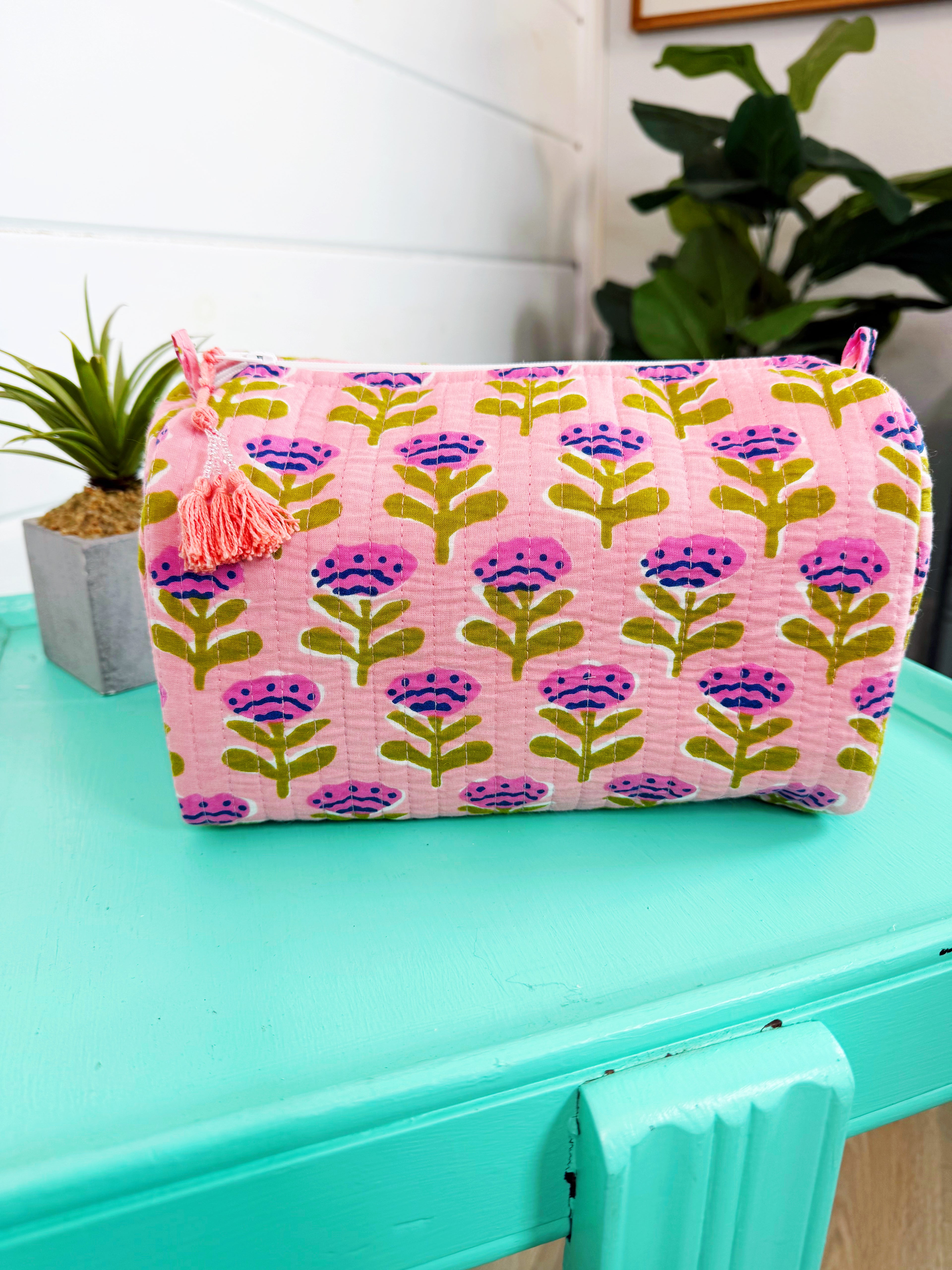Quilted Cosmetics Toiletry Bag - Light Pink Floral Print