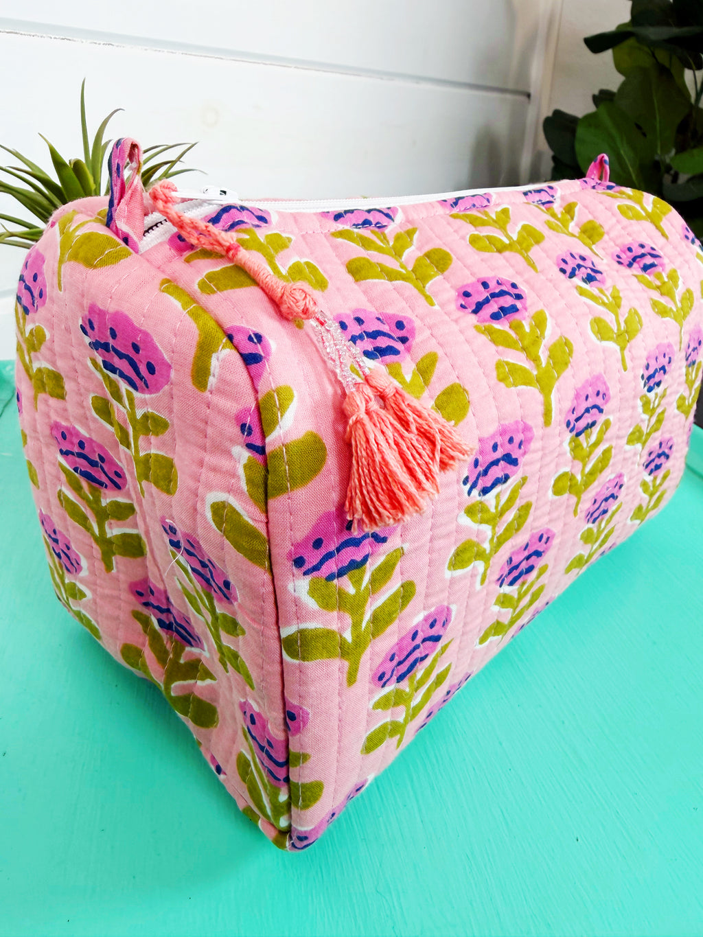 Quilted Cosmetics Toiletry Bag - Light Pink Floral Print