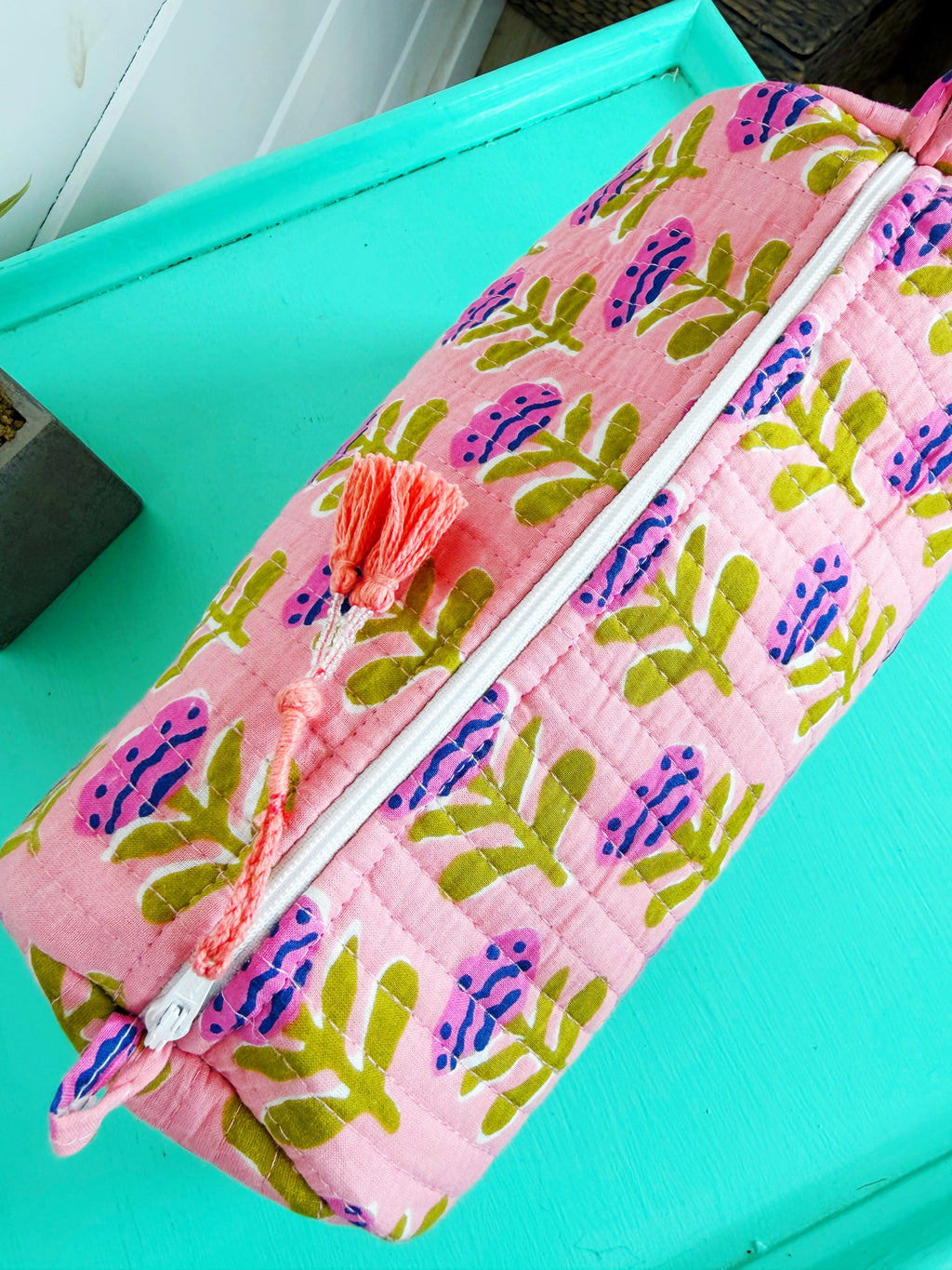 Quilted Cosmetics Toiletry Bag - Light Pink Floral Print