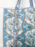 Large Quilted Tote Bag - Blue Petals Floral Print
