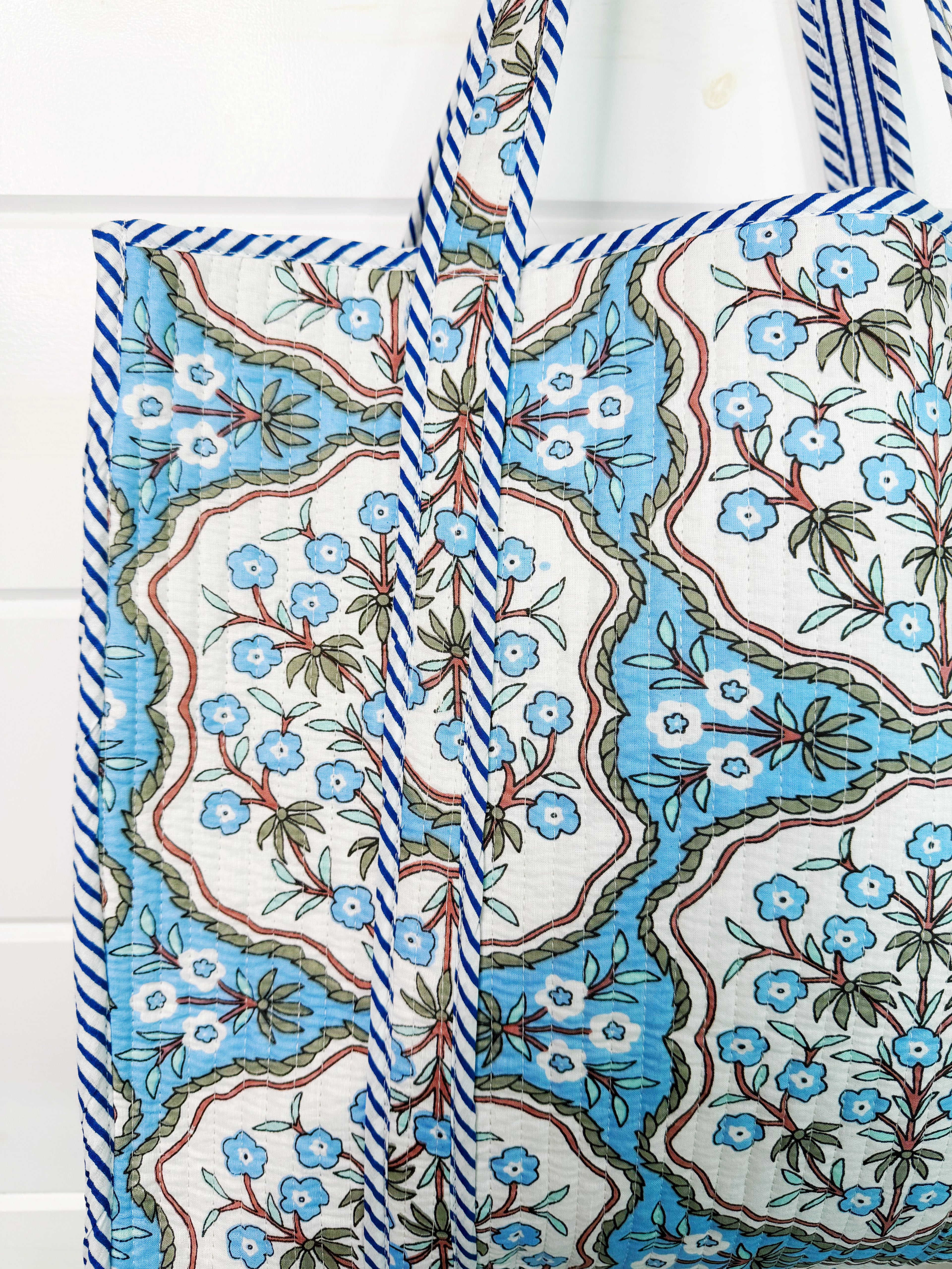 Large Quilted Tote Bag - Blue Petals Floral Print