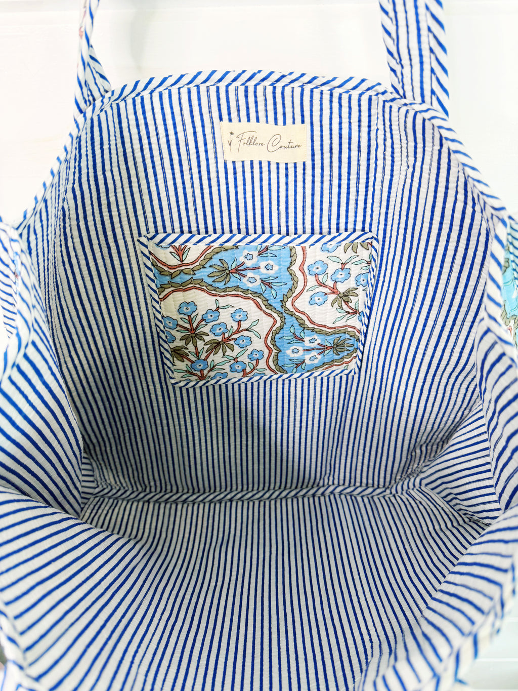 Large Quilted Tote Bag - Blue Petals Floral Print