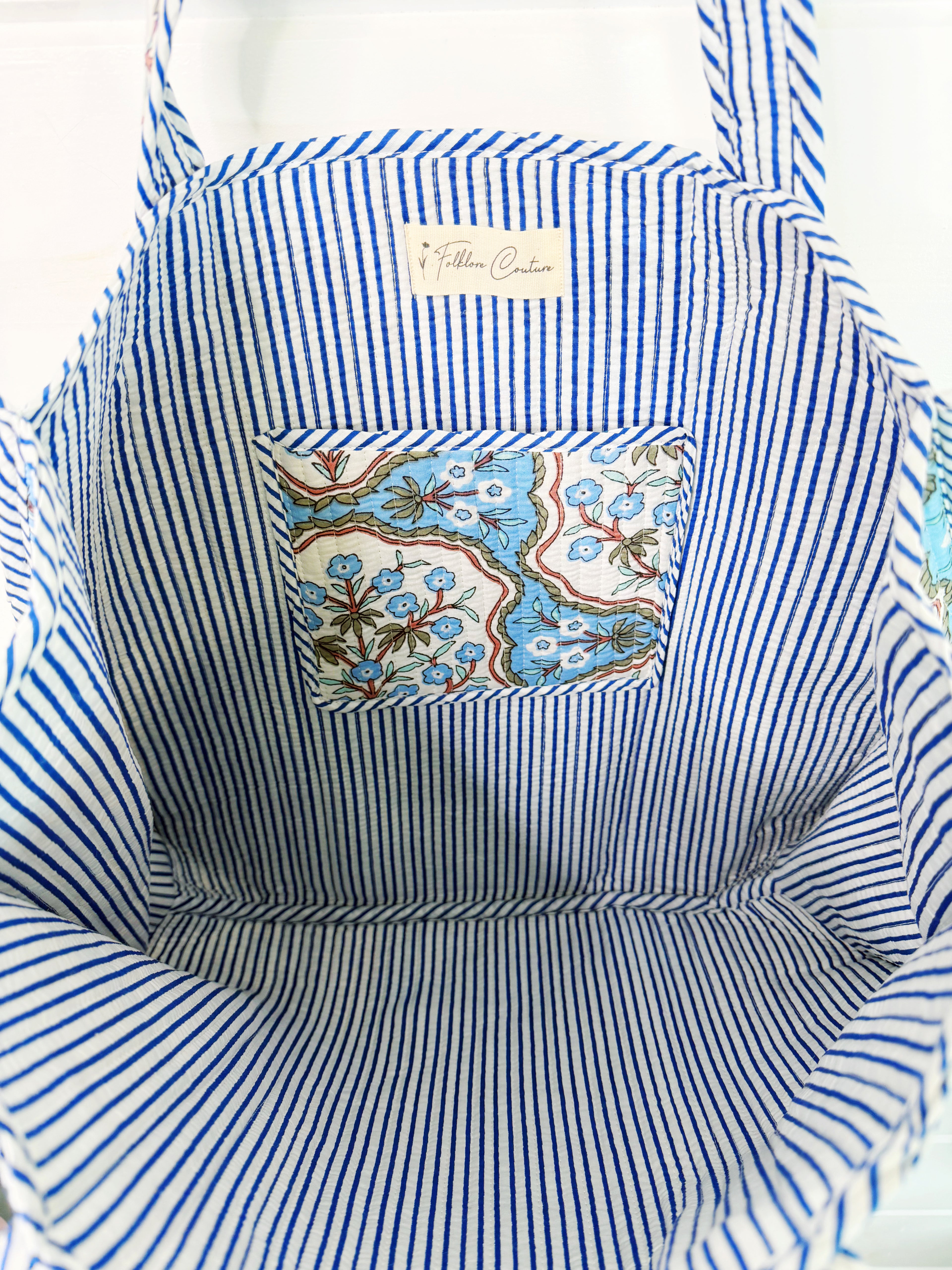 Large Quilted Tote Bag - Blue Petals Floral Print