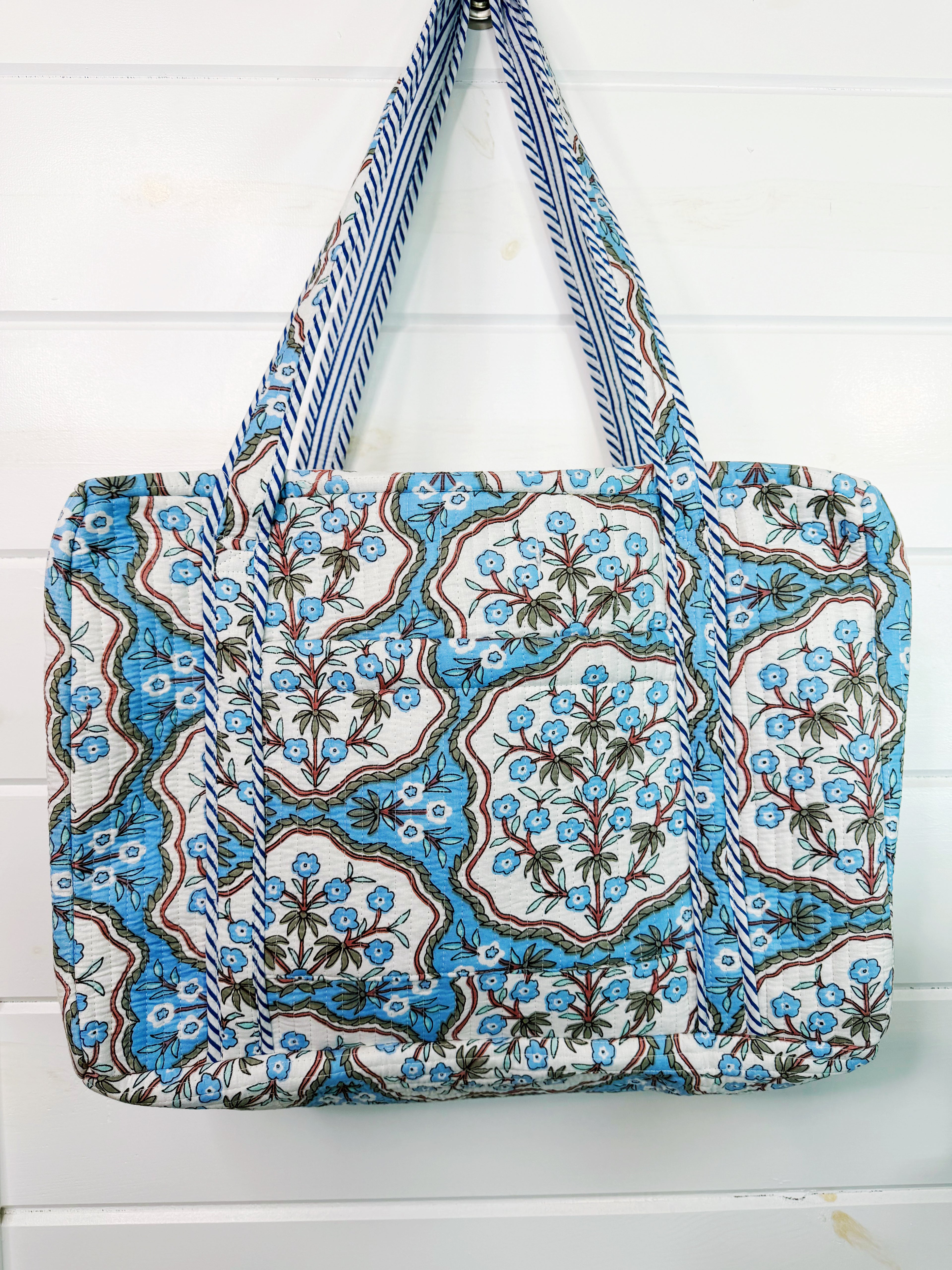 Quilted Overnight Duffle Bag - Blue Petals Print