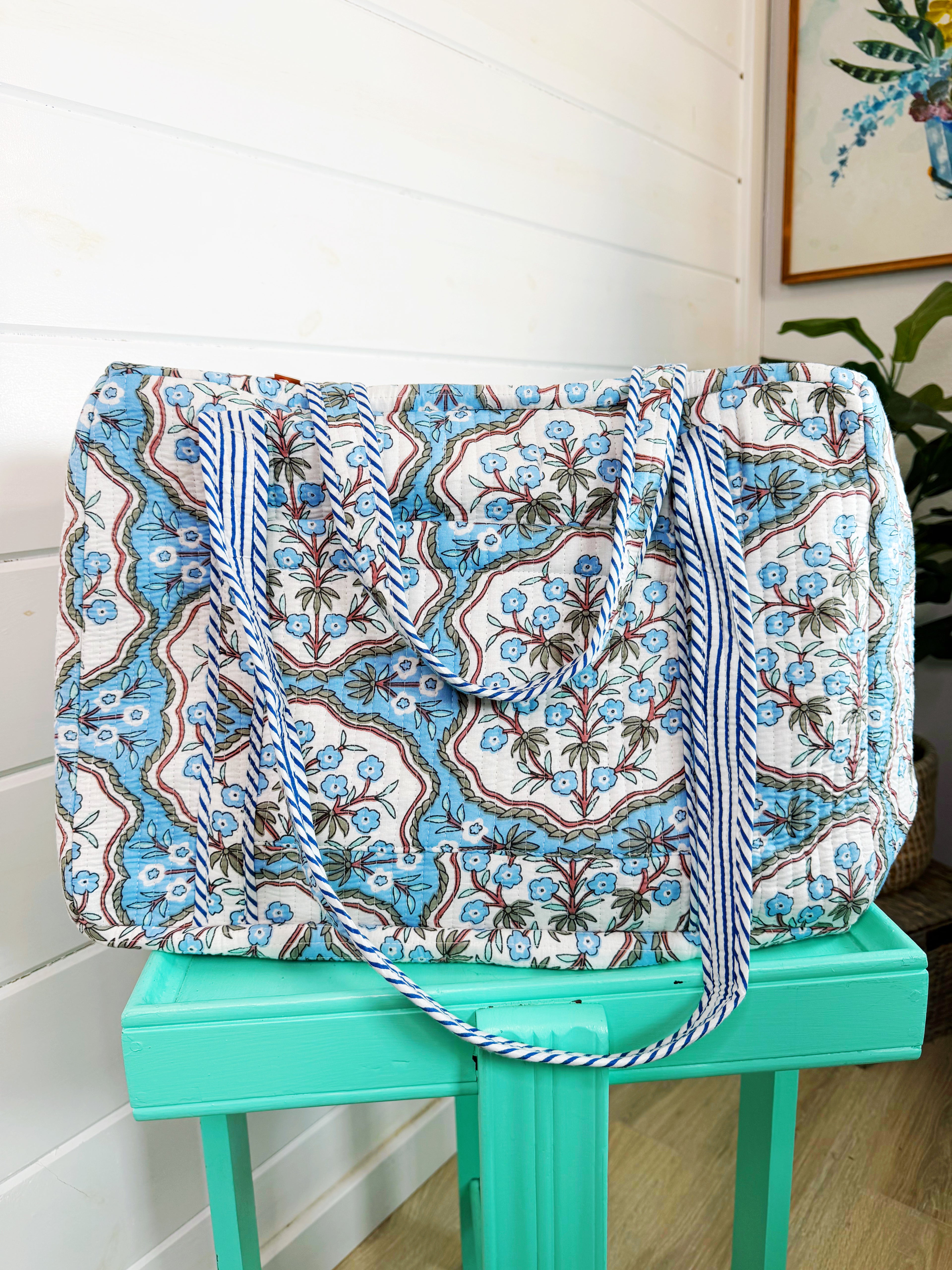 Quilted Overnight Duffle Bag - Blue Petals Print