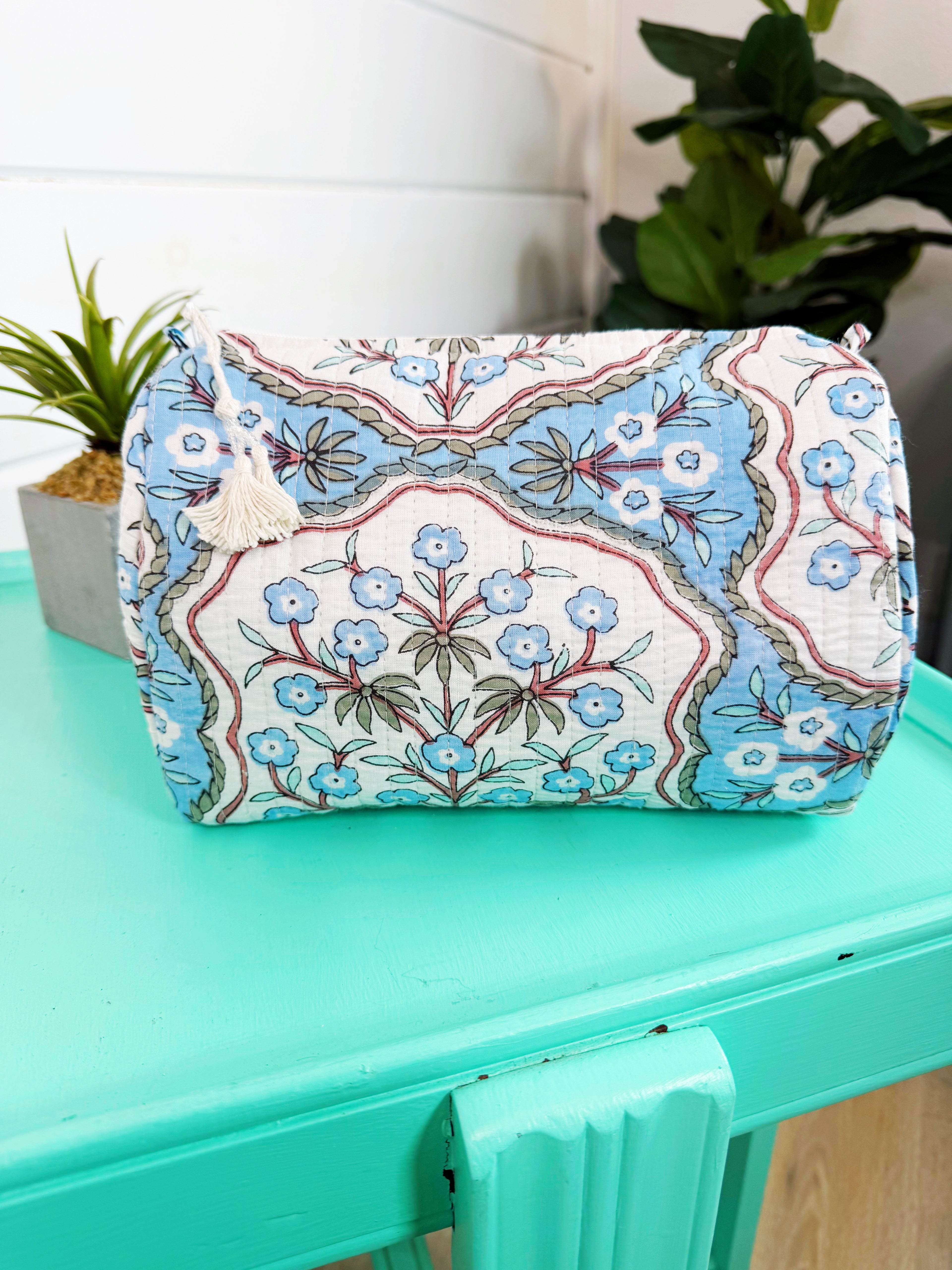 Quilted Cosmetics Toiletry Bag - Blue Petals Print