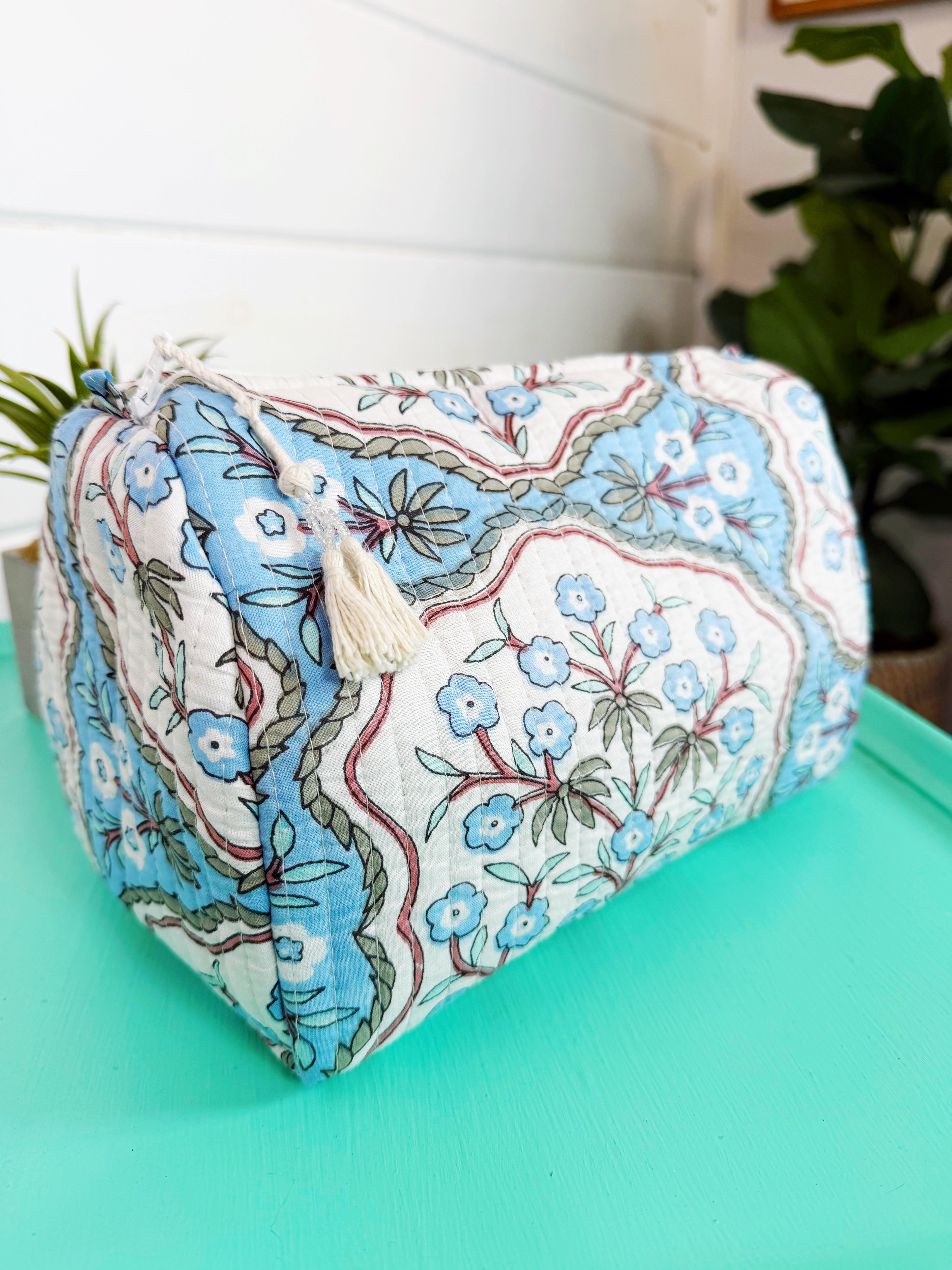Quilted Cosmetics Toiletry Bag - Blue Petals Print