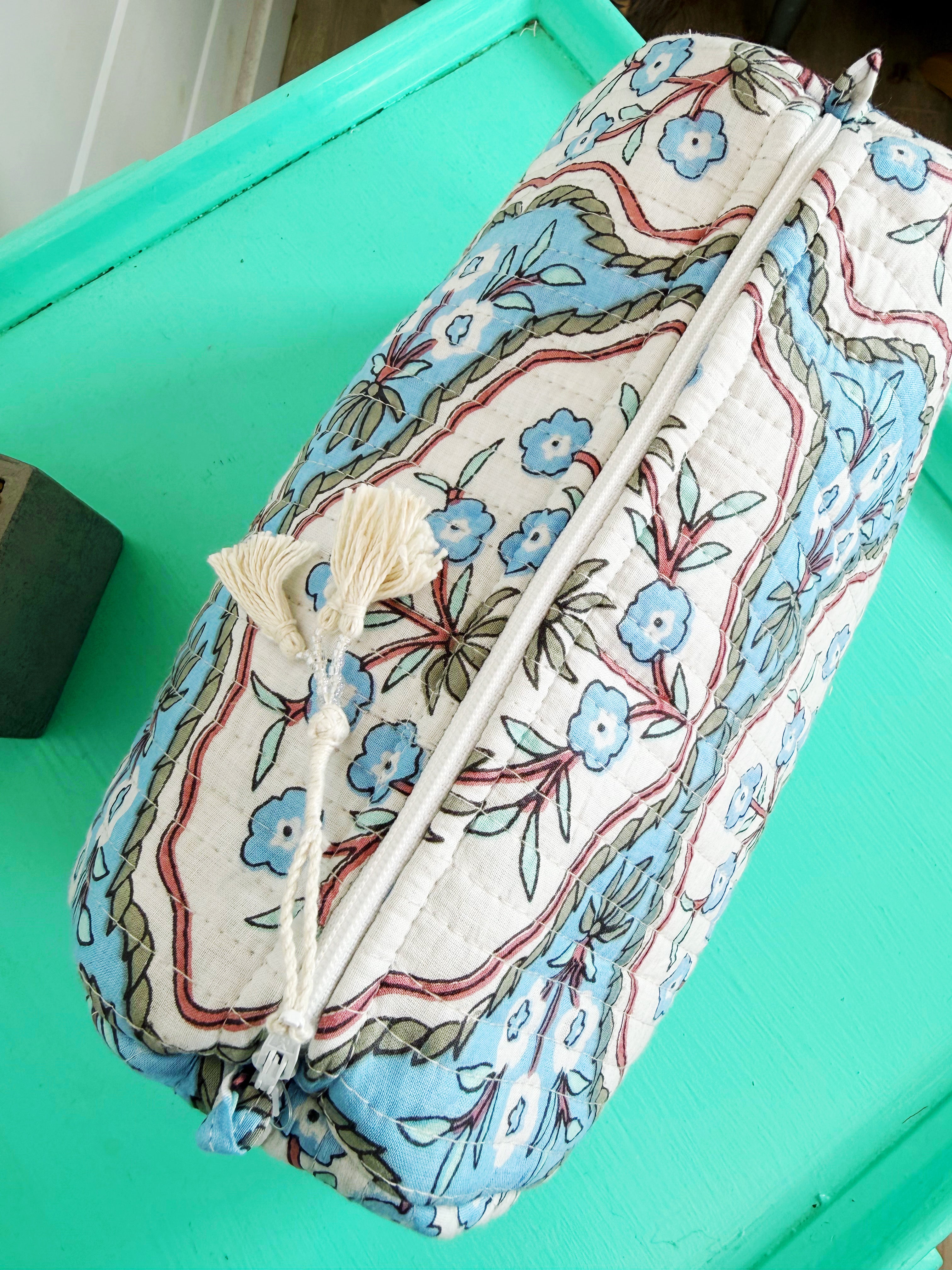 Quilted Cosmetics Toiletry Bag - Blue Petals Print