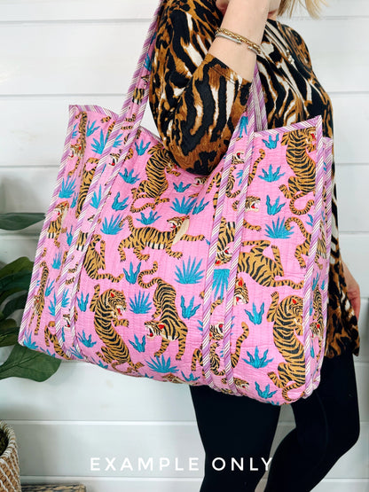 Purple Floral Print Quilted Cotton Tote Bag