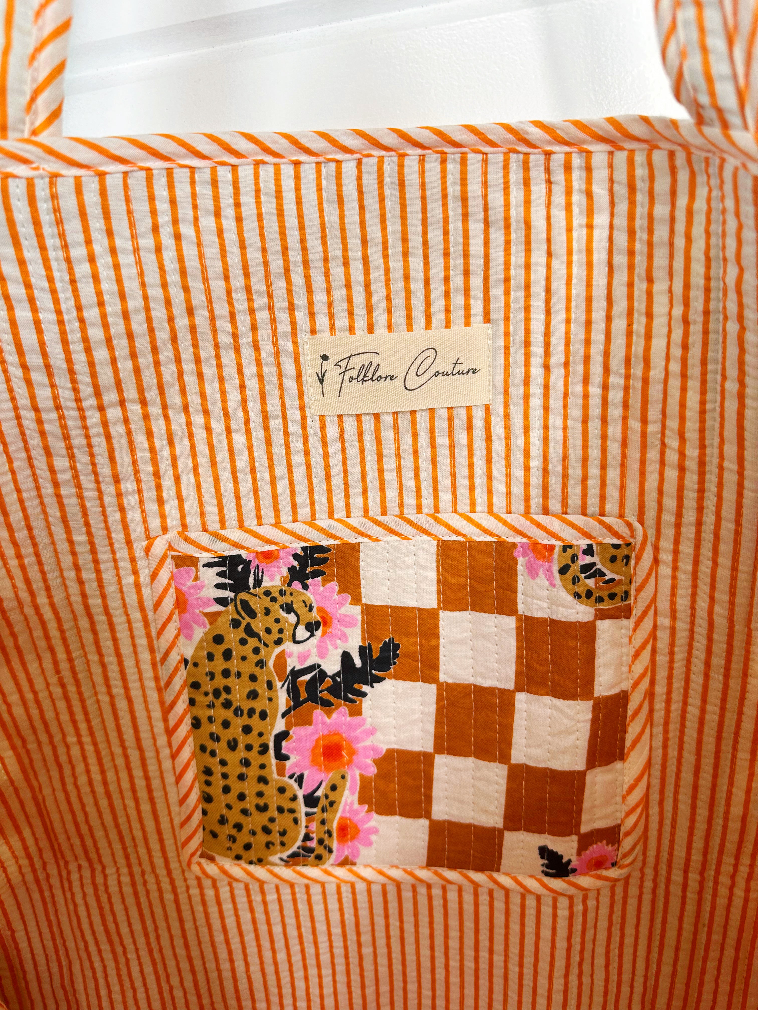 Gold Checkered Jaguar Print Quilted Cotton Tote Bag
