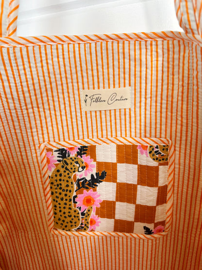 Gold Checkered Jaguar Print Quilted Cotton Tote Bag