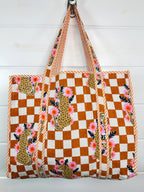 Gold Checkered Jaguar Print Quilted Cotton Tote Bag