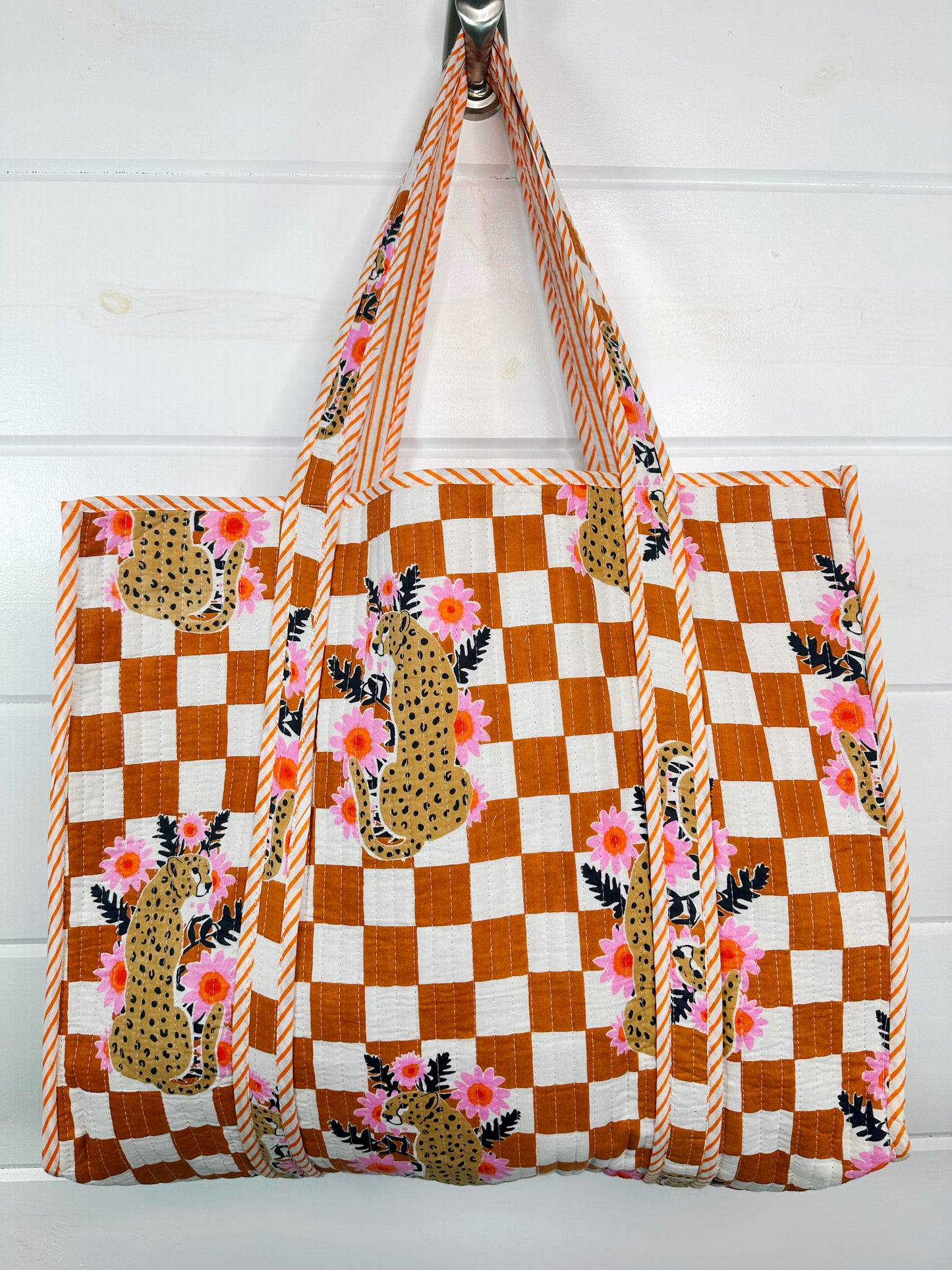 Gold Checkered Jaguar Print Quilted Cotton Tote Bag