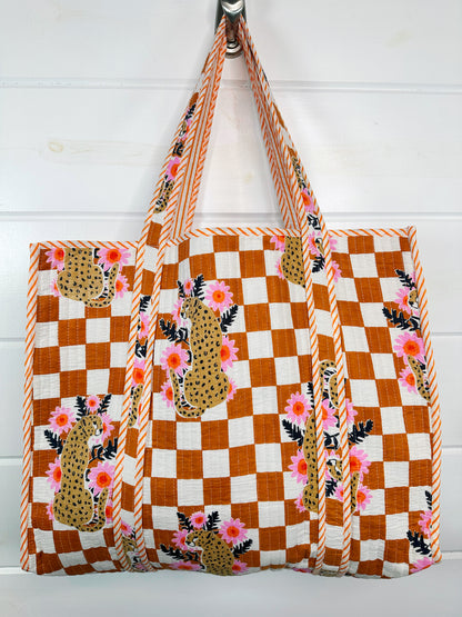 Gold Checkered Jaguar Print Quilted Cotton Tote Bag