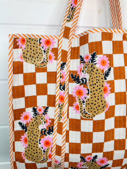 Gold Checkered Jaguar Print Quilted Cotton Tote Bag