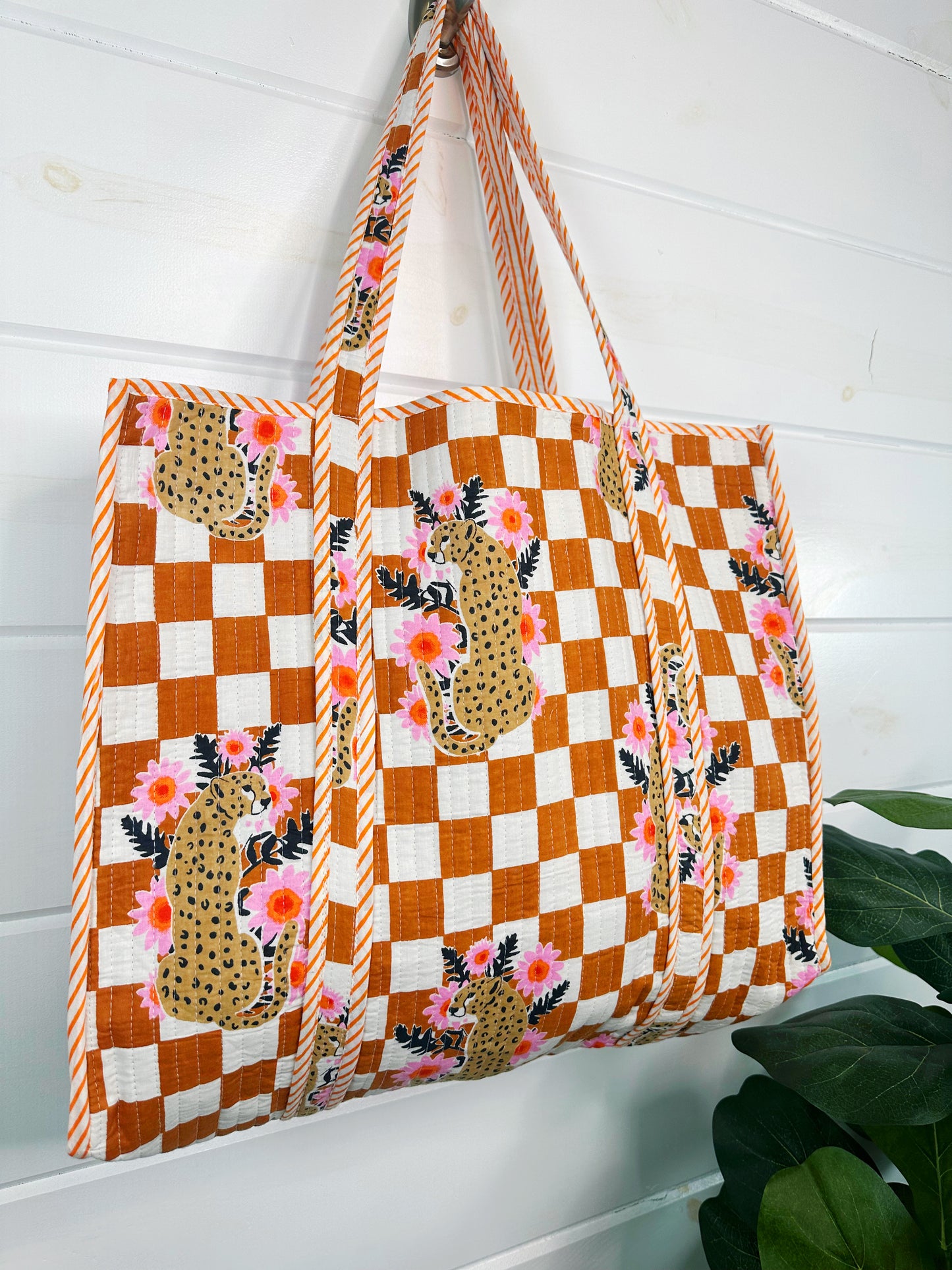 Gold Checkered Jaguar Print Quilted Cotton Tote Bag