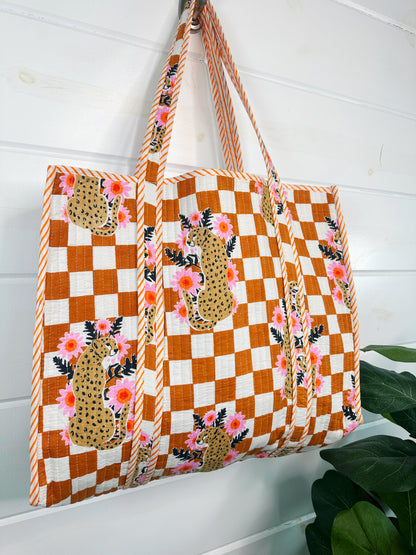 Gold Checkered Jaguar Print Quilted Cotton Tote Bag