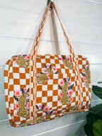 Gold Checkered Jaguar Print Quilted Weekender Overnight Bag
