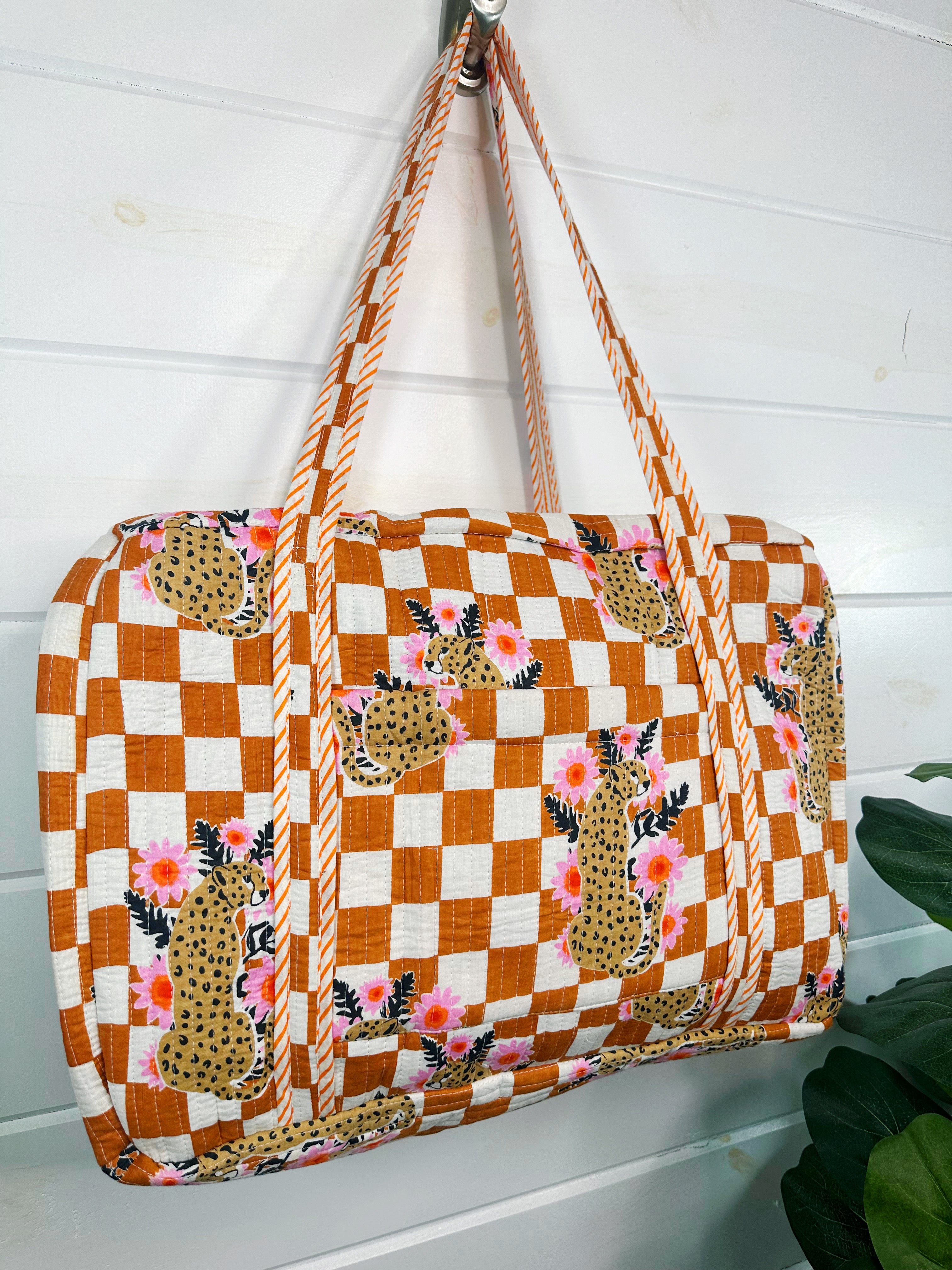 Gold Checkered Jaguar Print Quilted Weekender Overnight Bag