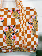 Gold Checkered Jaguar Print Quilted Weekender Overnight Bag