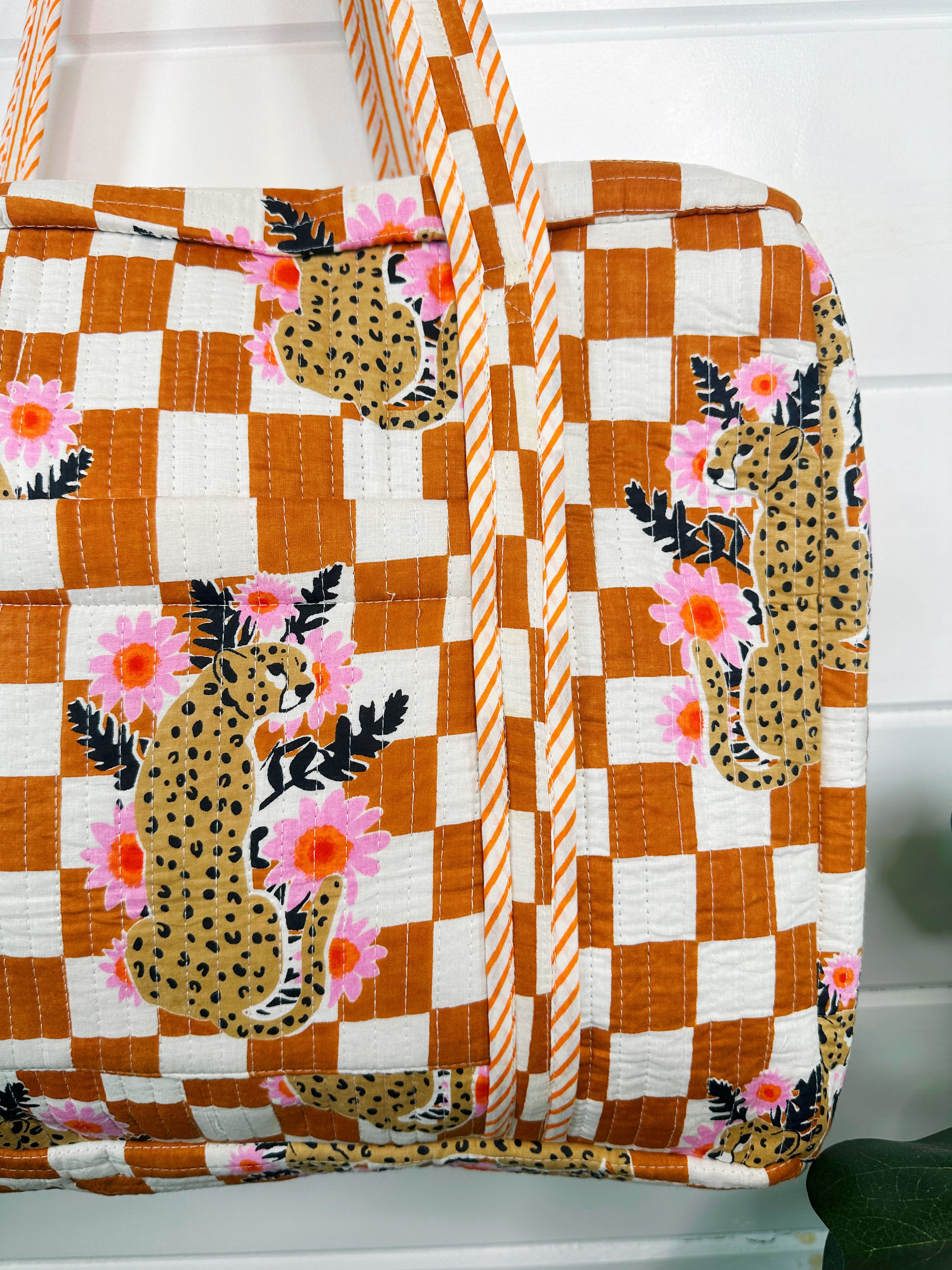 Gold Checkered Jaguar Print Quilted Weekender Overnight Bag