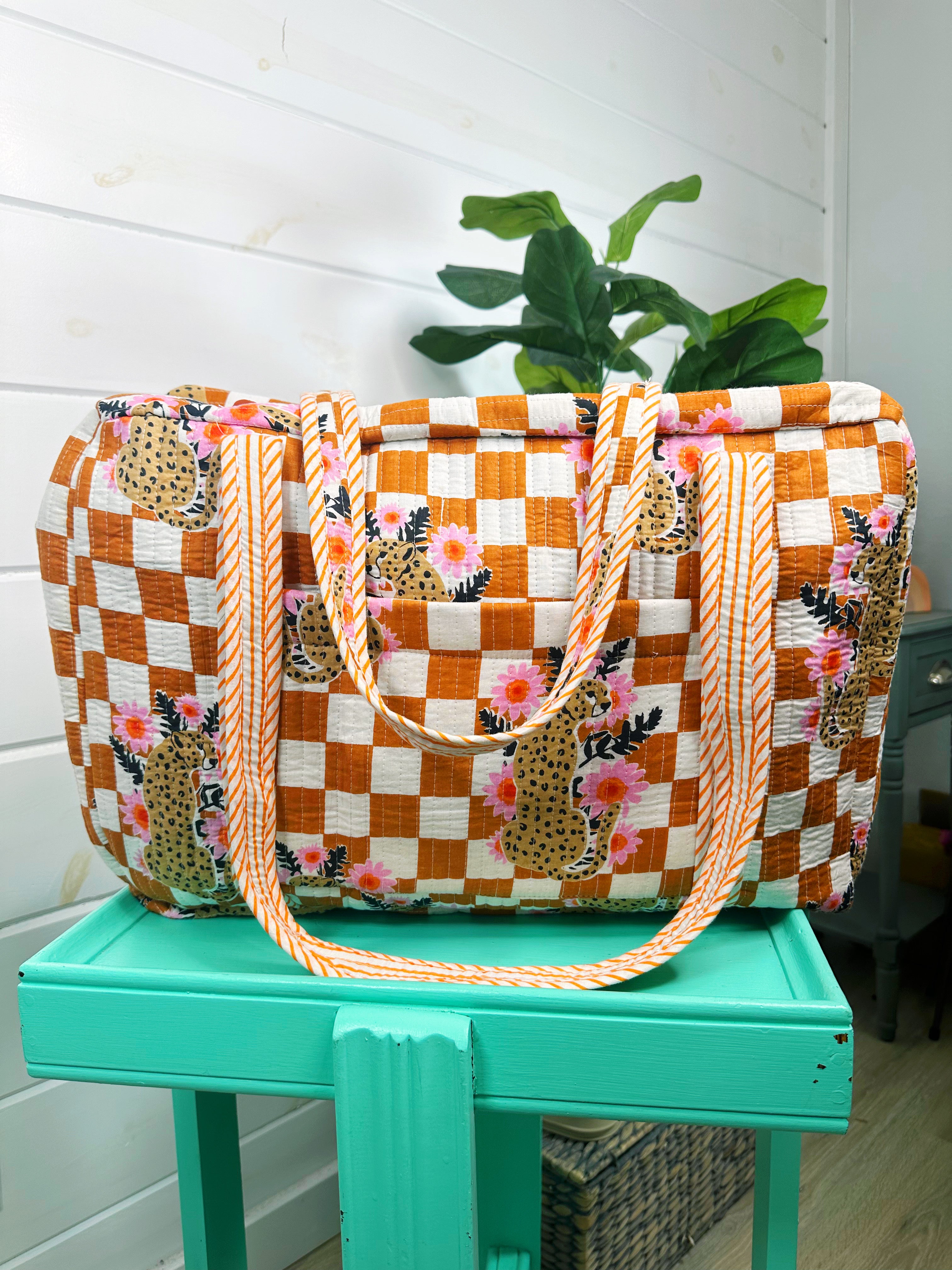 Gold Checkered Jaguar Print Quilted Weekender Overnight Bag