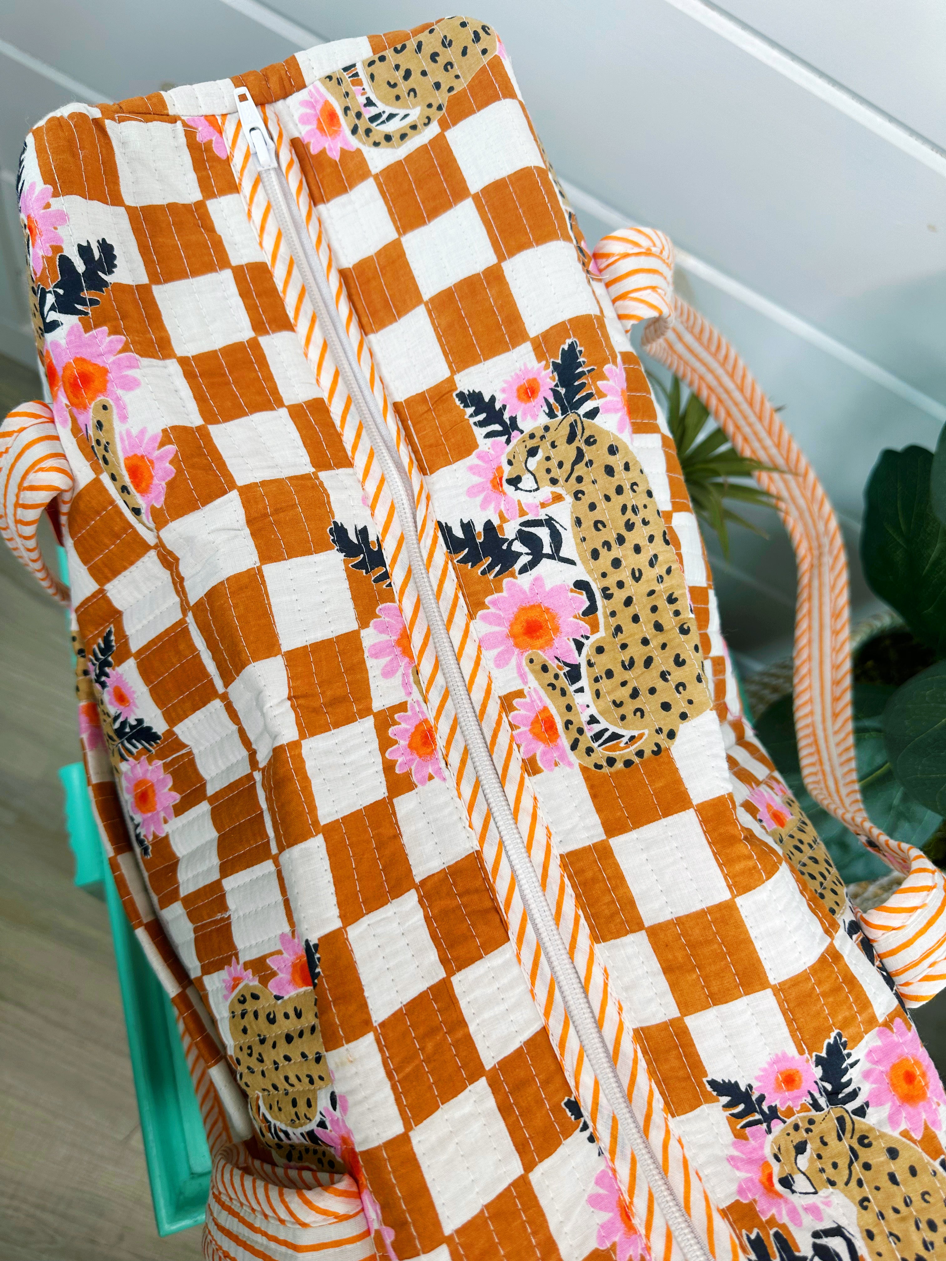 Gold Checkered Jaguar Print Quilted Weekender Overnight Bag