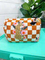 Gold Checkered Jaguar Print Quilted Makeup Cosmetics Toiletry Bag