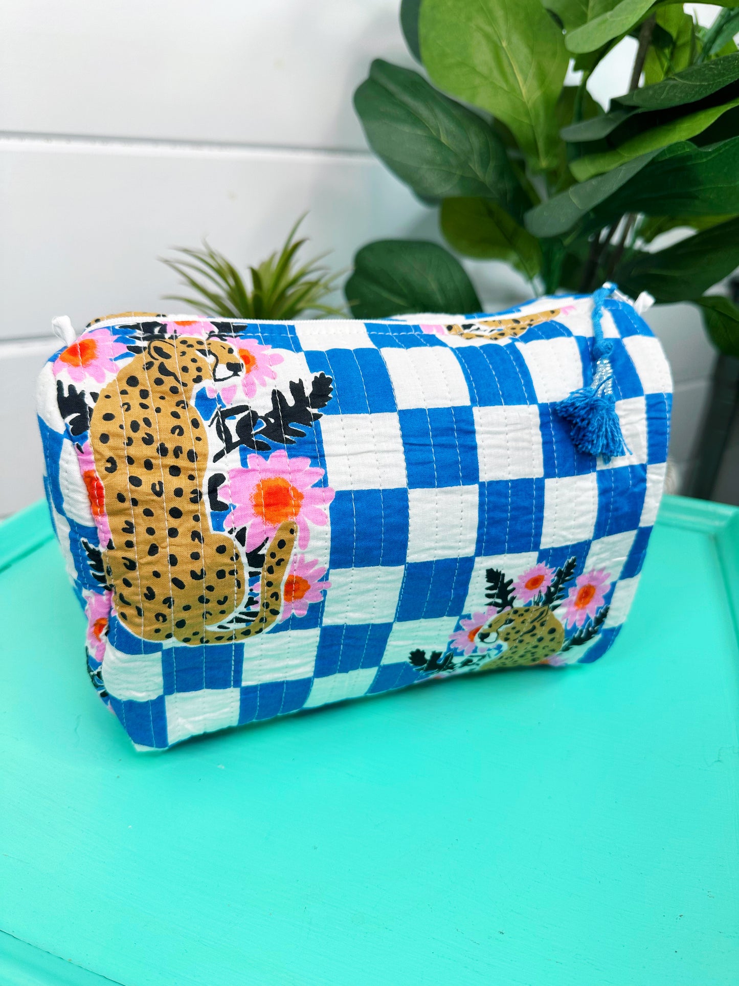 Blue Checkered Jaguar Print Quilted Makeup Cosmetics Toiletry Bag