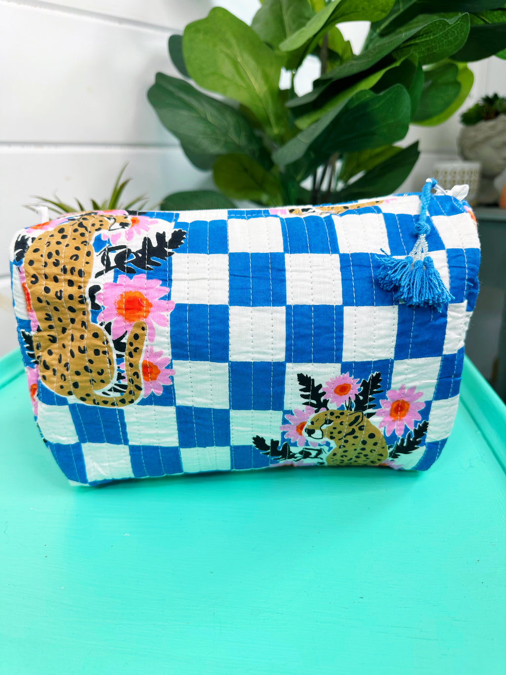 Blue Checkered Jaguar Print Quilted Makeup Cosmetics Toiletry Bag