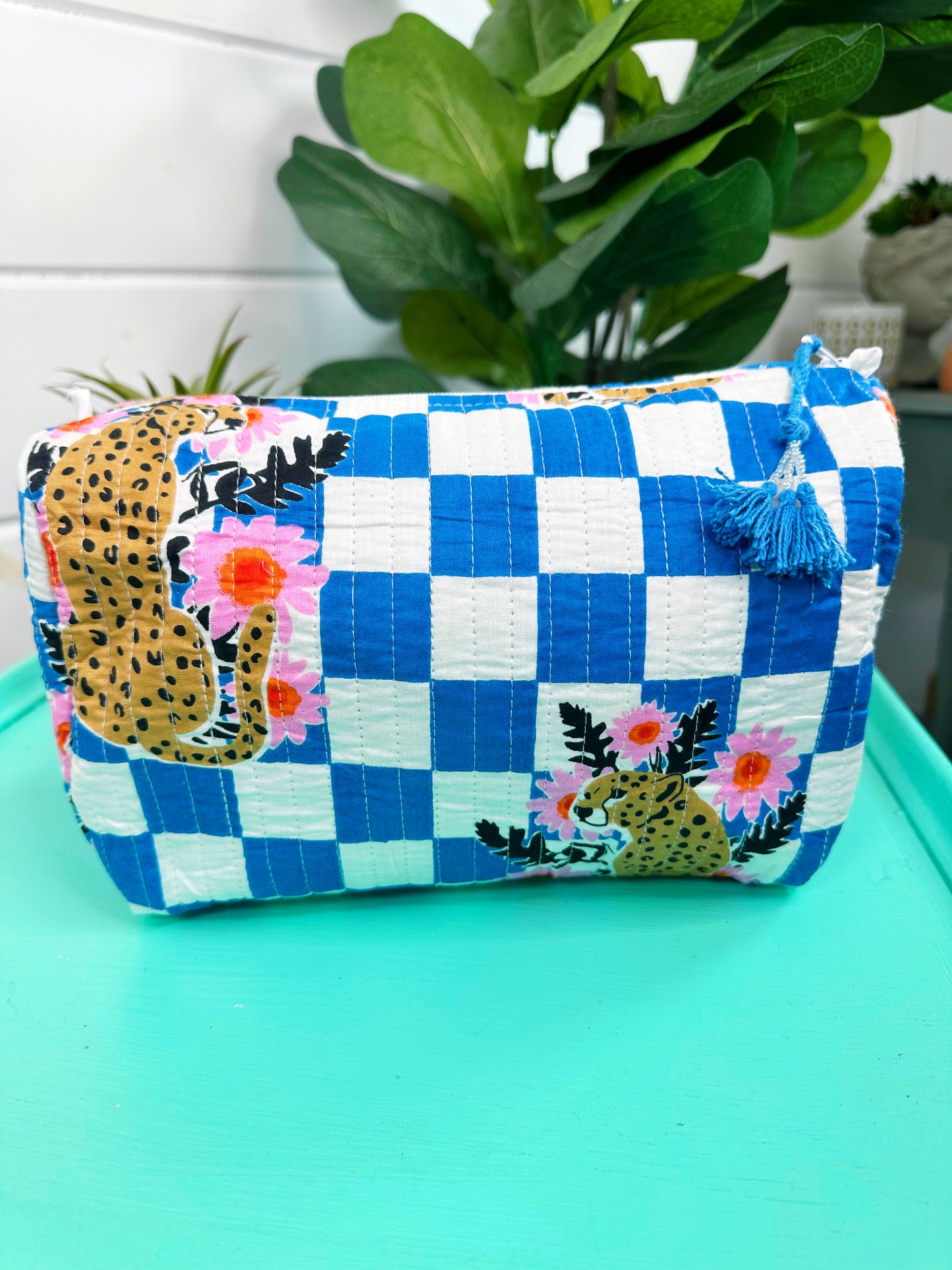 Blue Checkered Jaguar Print Quilted Makeup Cosmetics Toiletry Bag