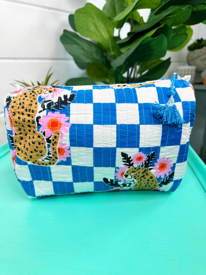 Blue Checkered Jaguar Print Quilted Makeup Cosmetics Toiletry Bag