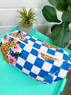 Blue Checkered Jaguar Print Quilted Makeup Cosmetics Toiletry Bag