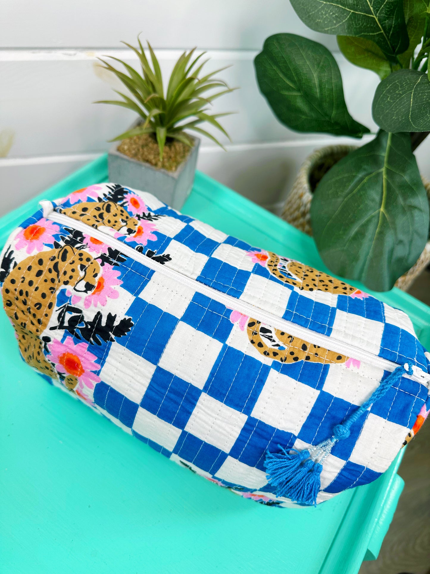 Blue Checkered Jaguar Print Quilted Makeup Cosmetics Toiletry Bag