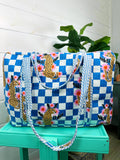 Blue Checkered Jaguar Print Quilted Weekender Overnight Bag