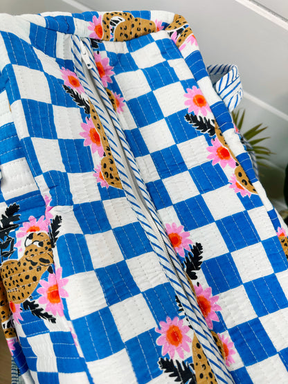 Blue Checkered Jaguar Print Quilted Weekender Overnight Bag